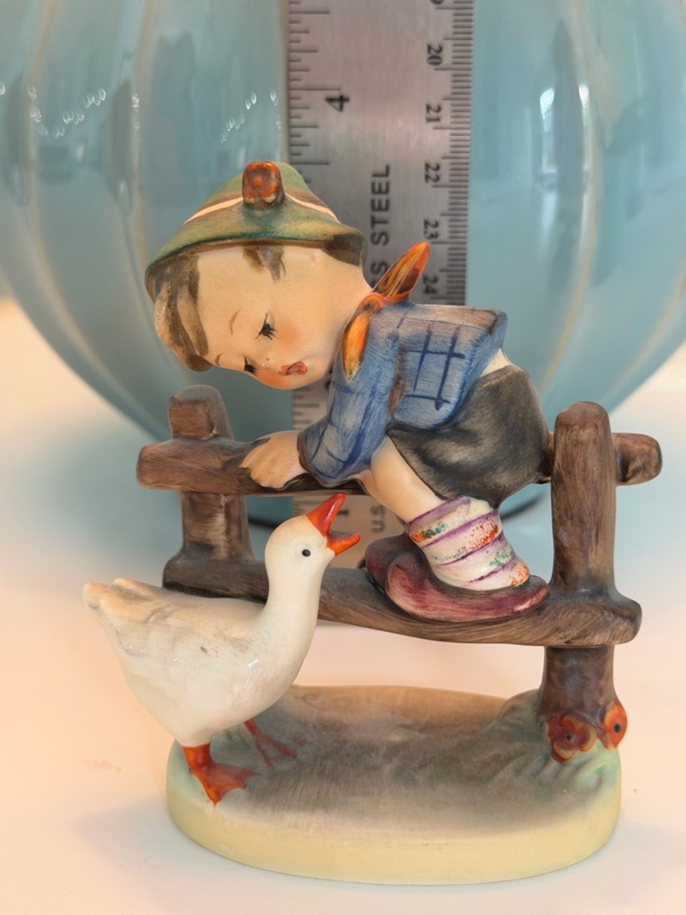 Hummel Figurine Boy with Goose in Blue, Green, Cream